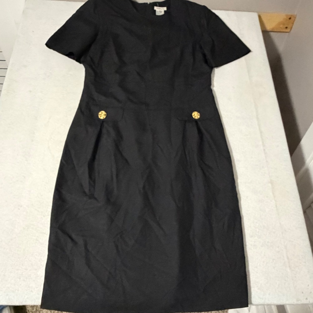 Talbots Black 100% Silk Short Sleeve Sheath Dress Gold Button Accents Size 12